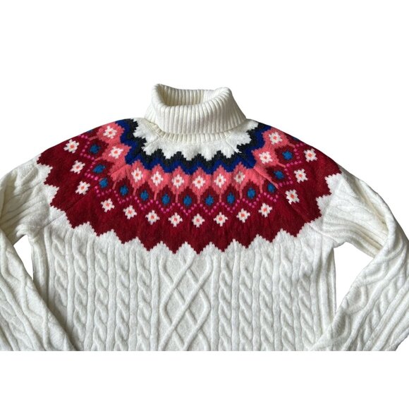 Loft Womens Fair Isle Cable Knit Sweater M White Red Warm Cozy WInter - Picture 2 of 7